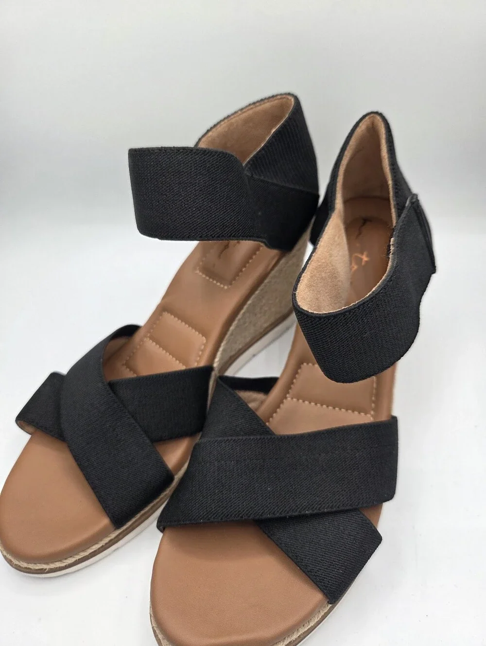 me too Black Elastic Crisscross Wedge Sandals